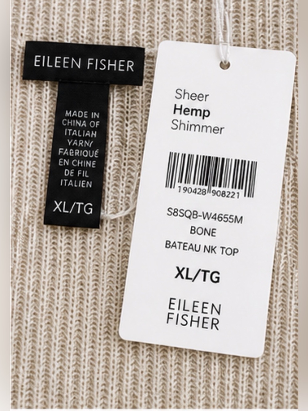 Eileen Fisher Sheer Hemp Shimmer Top XL Bone Bateau Neck Rib Knit NWT Ret. $248 - Picture 5 of 6